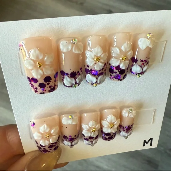 3D White Floral Press-On Nails with Purple Glitter Accents - Picture 2 of 4